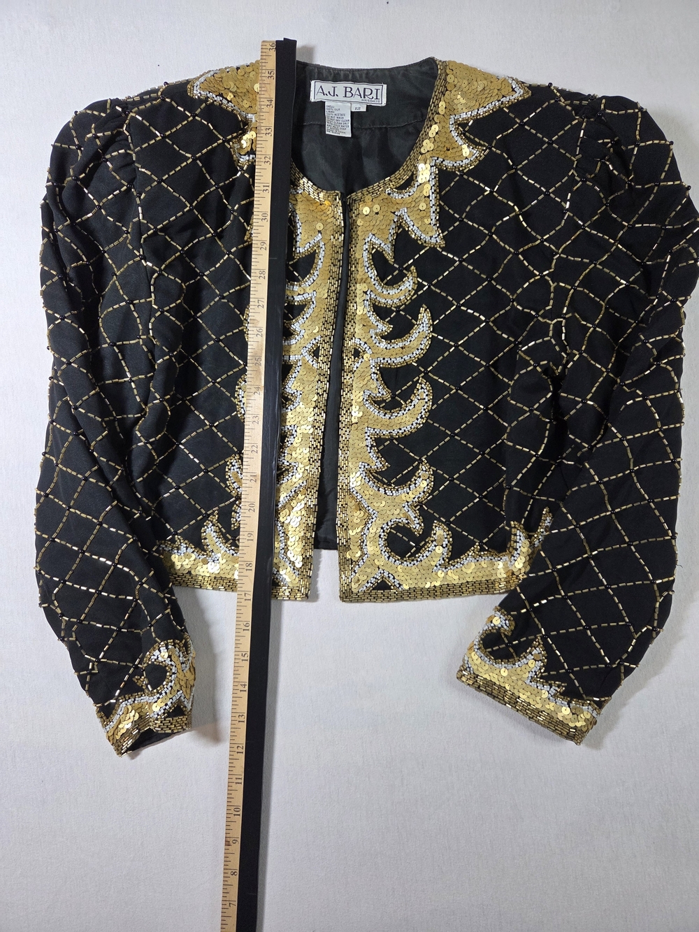 A.J. Bari Black and Gold Embellished Cropped Blazer Size 12